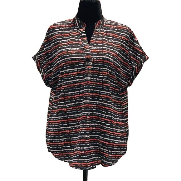 NWOT Split Neck Tunic Top | Short Sleeves | Rounded Hem | Black, White & Coral - Picture 1 of 12